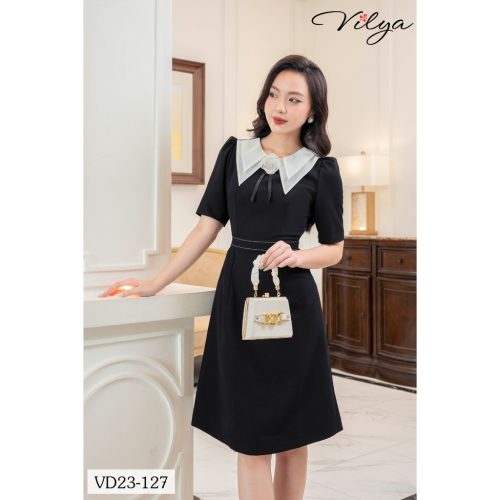 Black A Line Dress With White Neck_VD23-127_Vilya Brand_ชุดเดรสทำงานทรงเอสีดำ ปกขาว มี 2 ชั้น