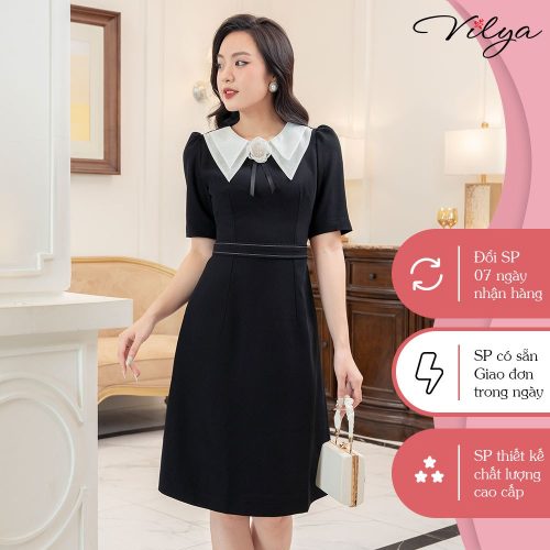 Black A Line Dress With White Neck_VD23-127_Vilya Brand_ชุดเดรสทำงานทรงเอสีดำ ปกขาว มี 2 ชั้น