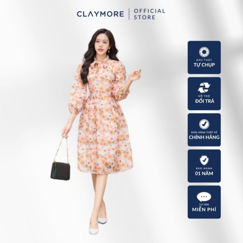 Pattern Midi Dress With Bow Neck_CDA2W3C07735_Brand_Claymore Fashion Váy Đầm Họa Tiết Buộc Nơ Cổ