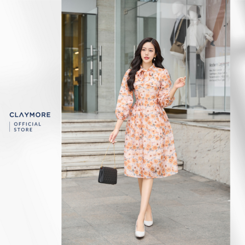 Pattern Midi Dress With Bow Neck_CDA2W3C07735_Brand_Claymore Fashion Váy Đầm Họa Tiết Buộc Nơ Cổ