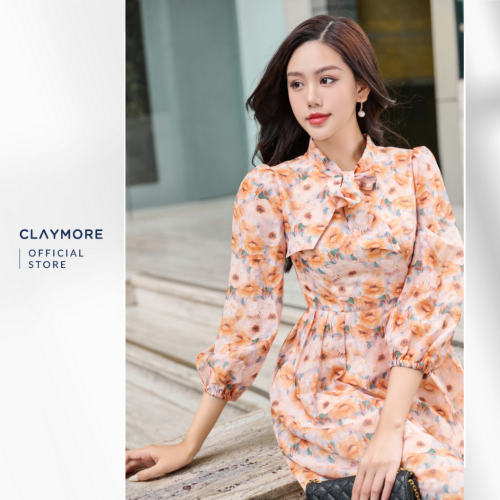 Pattern Midi Dress With Bow Neck_CDA2W3C07735_Brand_Claymore Fashion Váy Đầm Họa Tiết Buộc Nơ Cổ