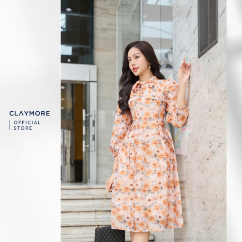 Pattern Midi Dress With Bow Neck_CDA2W3C07735_Brand_Claymore Fashion Váy Đầm Họa Tiết Buộc Nơ Cổ