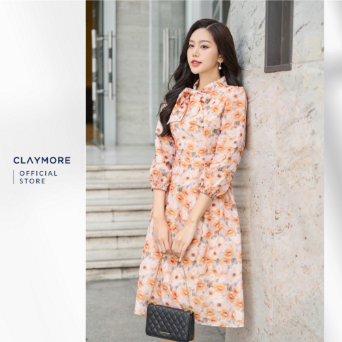 Pattern Midi Dress With Bow Neck_CDA2W3C07735_Brand_Claymore Fashion Váy Đầm Họa Tiết Buộc Nơ Cổ