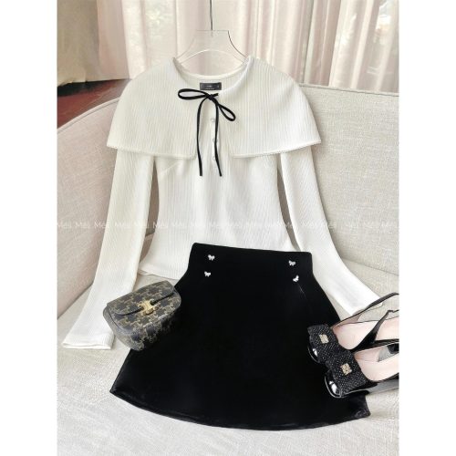 Long Cream Sweater + Black Velvet A-line Skirt_ME31.18_Méli Brand_เสื้อสเวตเตอร์ตัวยาวสีครีมมีสายสะพาย + กระโปรงสั้นผ้ากำมะหยี่สีดำทรงเอมีโบว์