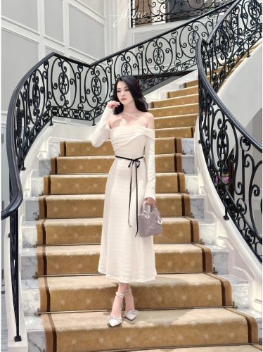 Party Cotton Off The Shoulder Flared Midi Dress_FL131.18_FLANE Brand_เดรสยาวปาดไหล่ผ้าฝ้ายพิมพ์ลาย-ชุดปาร์ตี้