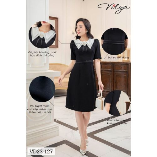 Black A Line Dress With White Neck_VD23-127_Vilya Brand_ชุดเดรสทำงานทรงเอสีดำ ปกขาว มี 2 ชั้น