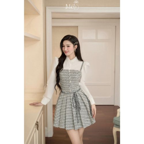 Tweed Black White Pleated Mini Dress_ME31.14_Méli Brand_ชุดราตรีผ้าทวีตขาวดำ มีสายผูกเอว (ไม่รวมเสื้อเชิ้ต)