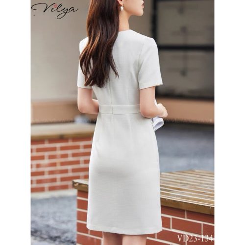 Square Neck Short Sleeve A Line Dress_VD23-134_Vilya Brand_ชุดเดรสทำงานทรงเอคอเหลี่ยมและแขนสั้น