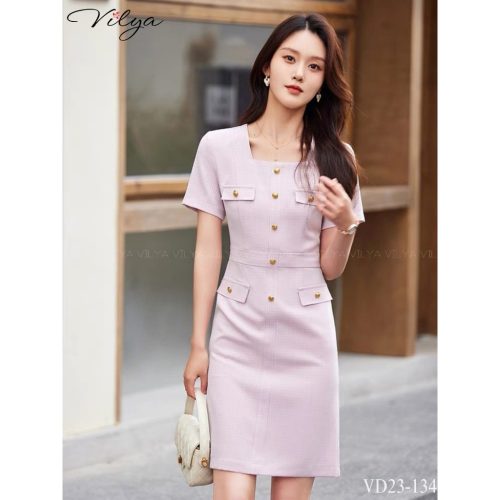 Square Neck Short Sleeve A Line Dress_VD23-134_Vilya Brand_ชุดเดรสทำงานทรงเอคอเหลี่ยมและแขนสั้น