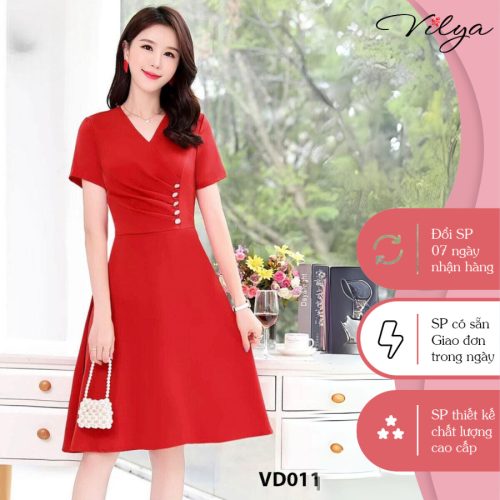 Short Sleeve Midi Dress Tie Button_VD011_Vilya Brand_ชุดเดรสทำงานคอปกติดกระดุมและแขนสั้น