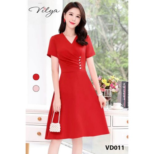 Short Sleeve Midi Dress Tie Button_VD011_Vilya Brand_ชุดเดรสทำงานคอปกติดกระดุมและแขนสั้น