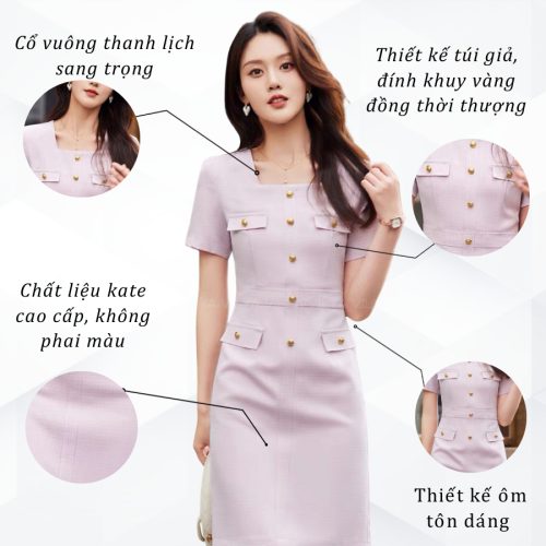 Square Neck Short Sleeve A Line Dress_VD23-134_Vilya Brand_ชุดเดรสทำงานทรงเอคอเหลี่ยมและแขนสั้น