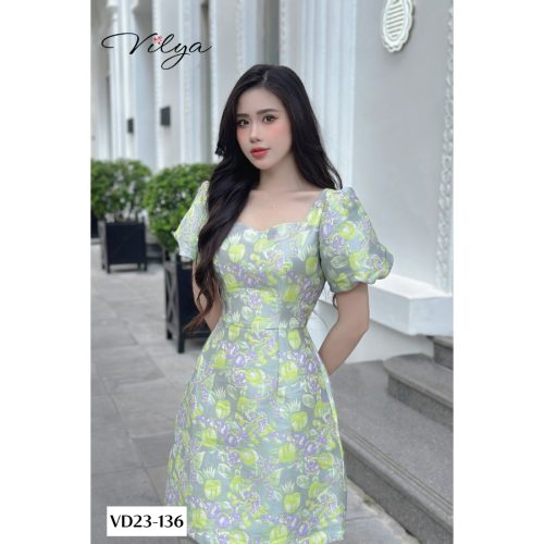 Floral Pattern Puff Sleeve Square Neck A Line Dress_VD23-136_Vilya Brand_Đầm hoa công sở tay bồng cổ vuông