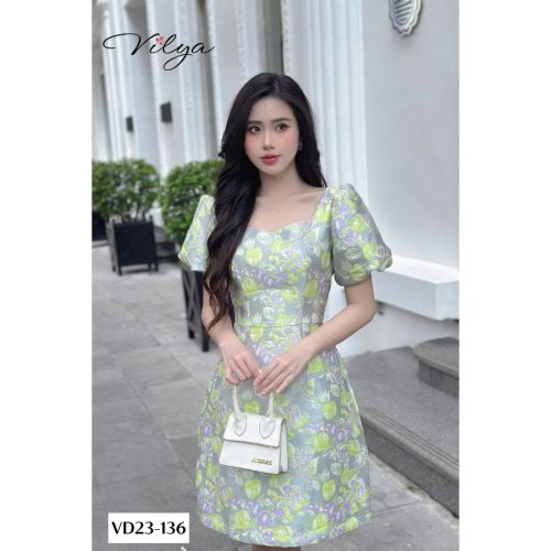 Floral Pattern Puff Sleeve Square Neck A Line Dress_VD23-136_Vilya Brand_Đầm hoa công sở tay bồng cổ vuông