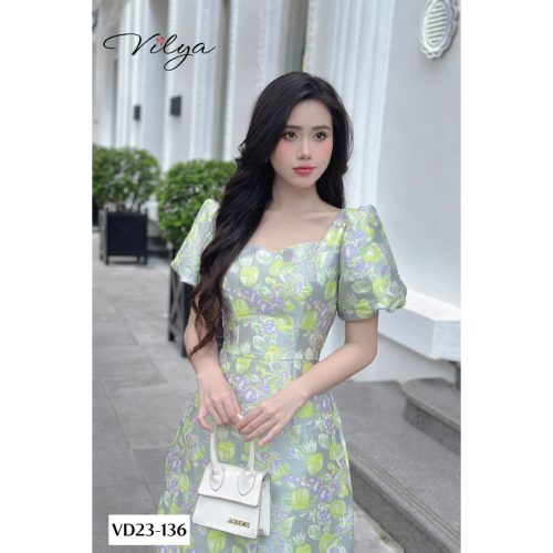 Floral Pattern Puff Sleeve Square Neck A Line Dress_VD23-136_Vilya Brand_Đầm hoa công sở tay bồng cổ vuông