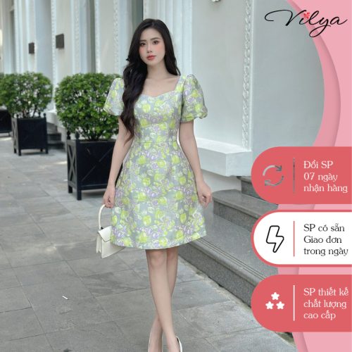 Floral Pattern Puff Sleeve Square Neck A Line Dress_VD23-136_Vilya Brand_Đầm hoa công sở tay bồng cổ vuông