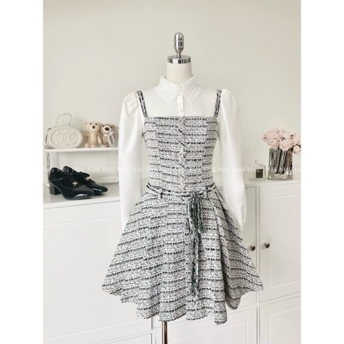 Tweed Black White Pleated Mini Dress_ME31.14_Méli Brand_ชุดราตรีผ้าทวีตขาวดำ มีสายผูกเอว (ไม่รวมเสื้อเชิ้ต)