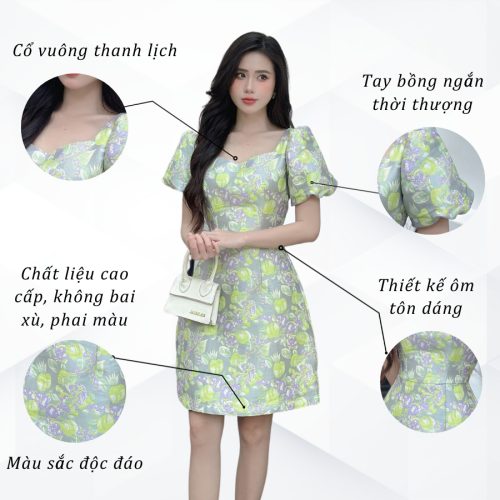 Floral Pattern Puff Sleeve Square Neck A Line Dress_VD23-136_Vilya Brand_Đầm hoa công sở tay bồng cổ vuông