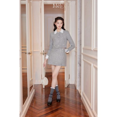 Set Tweed Jacket and A-line Tweed Skirt_ME31.16.1_Méli Brand_เสื้อแจ็คเก็ตเท็กซ์สีพริกไทยคอปกลูกไม้ – กระโปรงเท็กซ์ทรงเอพริกไทย