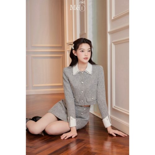 Set Tweed Jacket and A-line Tweed Skirt_ME31.16.1_Méli Brand_เสื้อแจ็คเก็ตเท็กซ์สีพริกไทยคอปกลูกไม้ – กระโปรงเท็กซ์ทรงเอพริกไทย