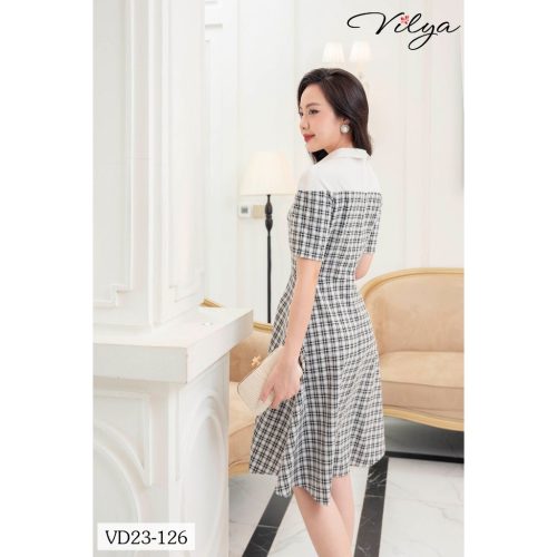 Striped Half SLeeve Polo Neck Flared House Dress_VD23-126_Vilya Brand_ชุดเดรสทำงาน VILYA ลายตารางหมากรุกสีขาวและแขนเสื้อหลวม