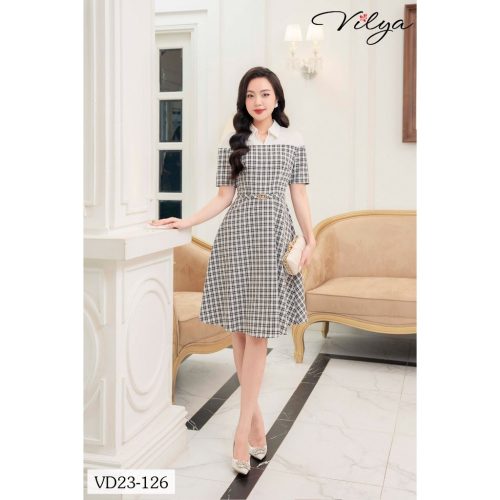 Striped Half SLeeve Polo Neck Flared House Dress_VD23-126_Vilya Brand_ชุดเดรสทำงาน VILYA ลายตารางหมากรุกสีขาวและแขนเสื้อหลวม