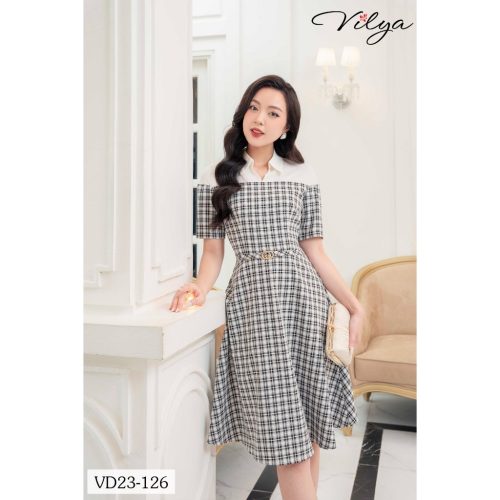 Striped Half SLeeve Polo Neck Flared House Dress_VD23-126_Vilya Brand_ชุดเดรสทำงาน VILYA ลายตารางหมากรุกสีขาวและแขนเสื้อหลวม