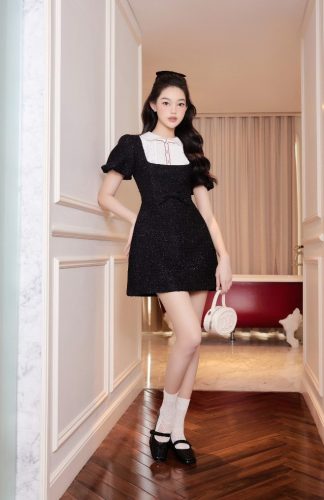 Tweed Black White A Line Dress_ME31.2_Méli Brand_ชุดเดรสผ้าทวีตขาวดำทรงเอ