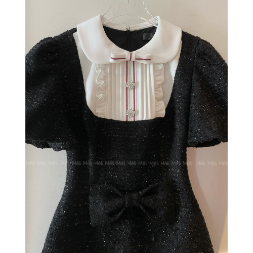 Tweed Black White A Line Dress_ME31.2_Méli Brand_ชุดเดรสผ้าทวีตขาวดำทรงเอ