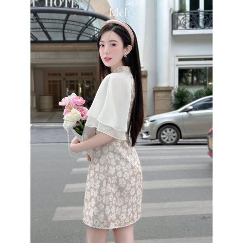 Puff Sleeve Short Mini Dress_ME31.11_Méli Brand Brand_เดรสสั้นผ้าฝ้ายตรงคอปาดและผ้าไหมสีขาว