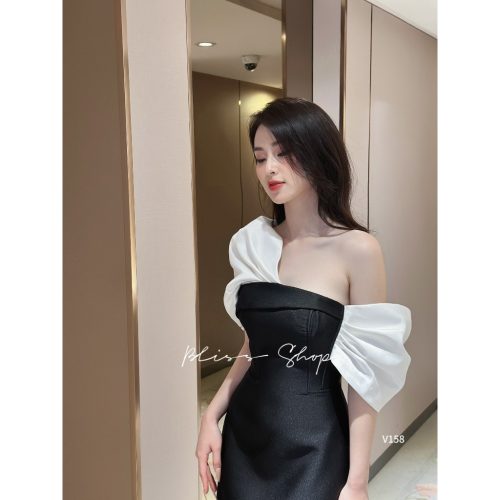 White Sleeve Body Dress_V158_Bliss Brand_ชุดเดรสบอดี้คอนแขนยาวสีขาว ชุดเดรสปาร์ตี้ปาดไหล่ที่หรูหราและเป็นผู้หญิง