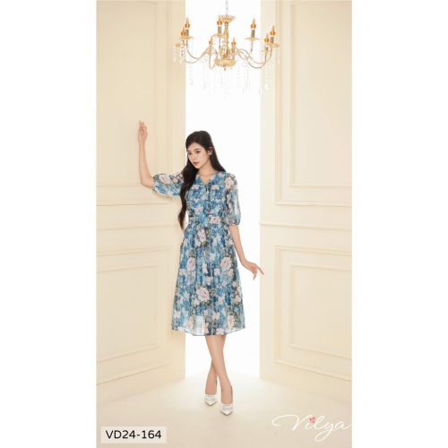 Floral Pattern Flared Midi Dress_VD24-164_Vilya Brand_ชุดเดรสทำงานลายดอกไม้คอปกบานและแขนหลวม