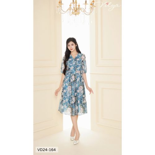 Floral Pattern Flared Midi Dress_VD24-164_Vilya Brand_ชุดเดรสทำงานลายดอกไม้คอปกบานและแขนหลวม