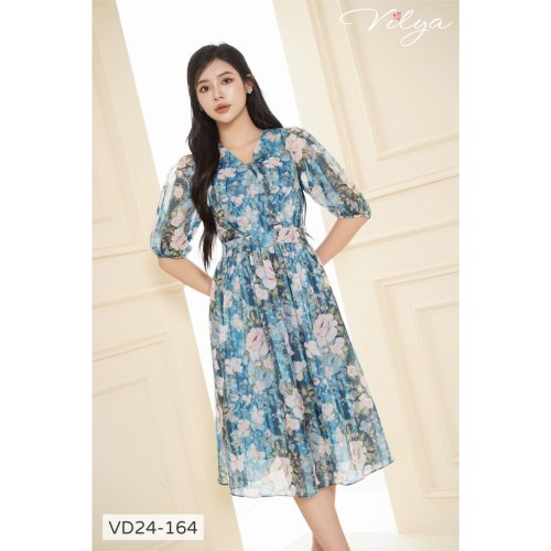 Floral Pattern Flared Midi Dress_VD24-164_Vilya Brand_ชุดเดรสทำงานลายดอกไม้คอปกบานและแขนหลวม