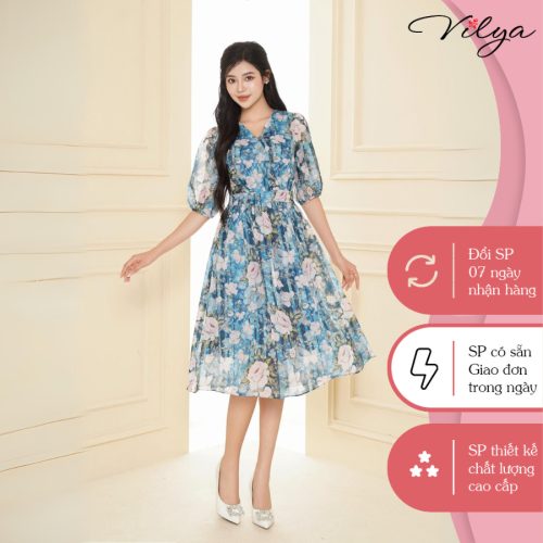 Floral Pattern Flared Midi Dress_VD24-164_Vilya Brand_ชุดเดรสทำงานลายดอกไม้คอปกบานและแขนหลวม