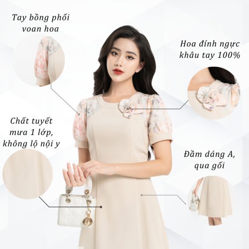 Cream Short Sleeve Flared Midi Dress With Flower Detailed_VD23-088_Vilya Brand_ชุดเดรสทำงานบานสีครีม แขนสั้นลายดอกไม้