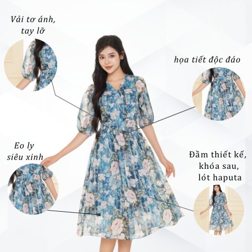 Floral Pattern Flared Midi Dress_VD24-164_Vilya Brand_ชุดเดรสทำงานลายดอกไม้คอปกบานและแขนหลวม