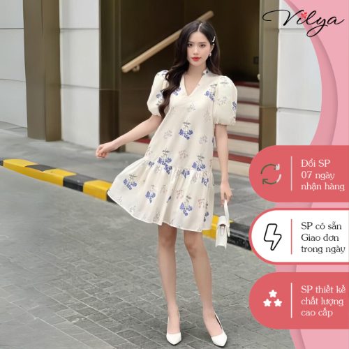 Puff Sleeve V Neck Silk Mini Dress_VD24-165_Vilya Brand_ชุดเดรสผ้าไหมแนวสตรีทคอวี แขนโบว์และเข็มขัดโบว์