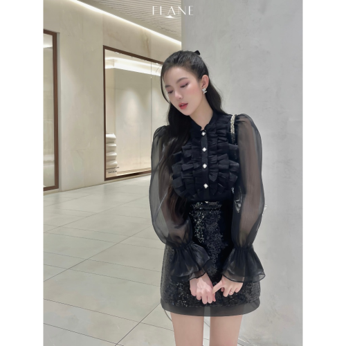 Set_Black Shirt+Tube Top+Skirt _FL131.8_FLANE Brand_เสื้อเชิ้ตผ้าไหมสีดำผสมเสื้อเชิ้ตเกาะอกผ้าฝ้าย และกระโปรงปักเลื่อมสีดำ