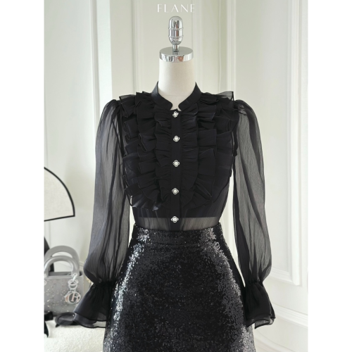 Set_Black Shirt+Tube Top+Skirt _FL131.8_FLANE Brand_เสื้อเชิ้ตผ้าไหมสีดำผสมเสื้อเชิ้ตเกาะอกผ้าฝ้าย และกระโปรงปักเลื่อมสีดำ