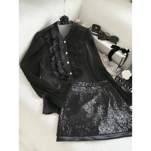 Set_Black Shirt+Tube Top+Skirt _FL131.8_FLANE Brand_เสื้อเชิ้ตผ้าไหมสีดำผสมเสื้อเชิ้ตเกาะอกผ้าฝ้าย และกระโปรงปักเลื่อมสีดำ