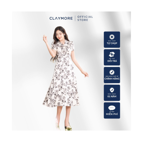 Floral Pattern Flared Midi Dress_CDX2S4F01602_Claymore Fashion Brand_Đầm xòe in hoa