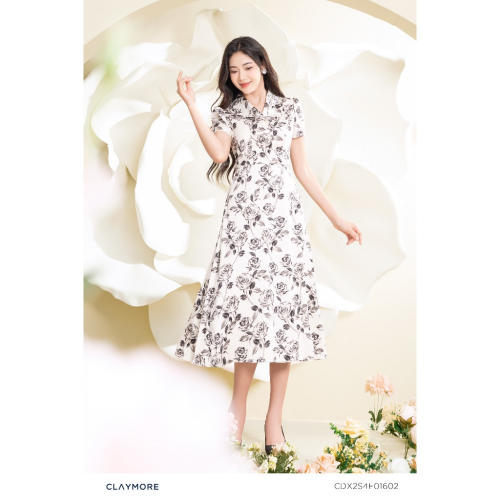 Floral Pattern Flared Midi Dress_CDX2S4F01602_Claymore Fashion Brand_Đầm xòe in hoa