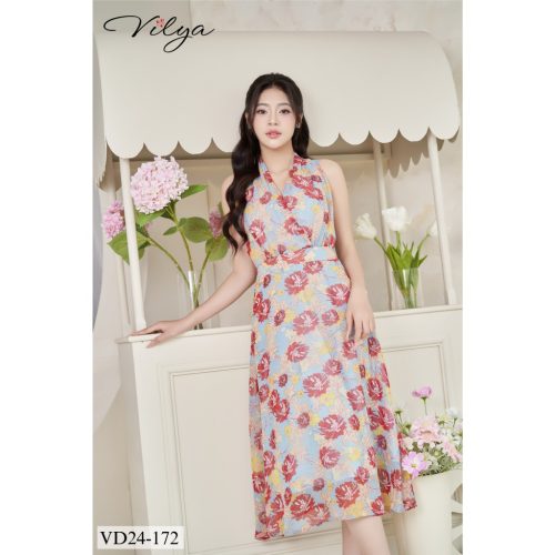 Floral Pattern Halter Neck Flared Midi Dress_VD24-172_Vilya Brand_ชุดเดรสทำงานลายดอกไม้พร้อมคอปกบานและเข็มขัด