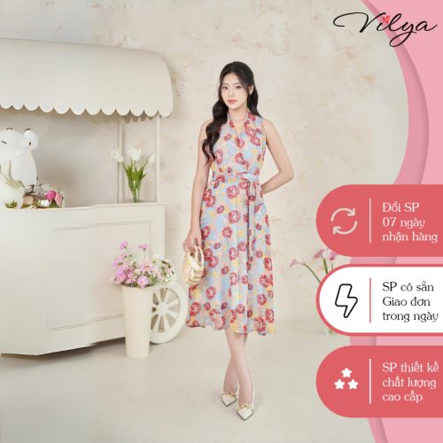 Floral Pattern Halter Neck Flared Midi Dress_VD24-172_Vilya Brand_ชุดเดรสทำงานลายดอกไม้พร้อมคอปกบานและเข็มขัด