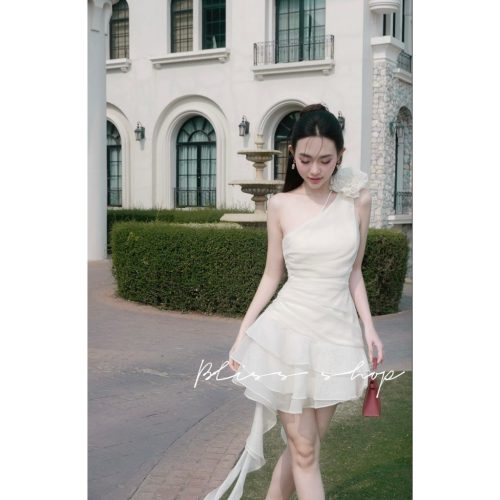 One Shoulder Mini Dress With Flower_V175_Bliss Brand_ชุดเดรสเปิดไหล่ลายดอกไม้