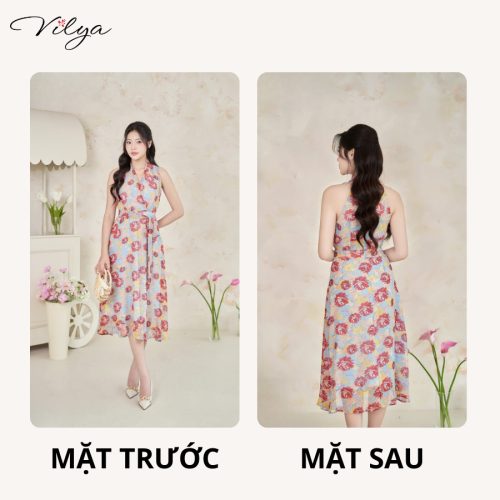 Floral Pattern Halter Neck Flared Midi Dress_VD24-172_Vilya Brand_ชุดเดรสทำงานลายดอกไม้พร้อมคอปกบานและเข็มขัด