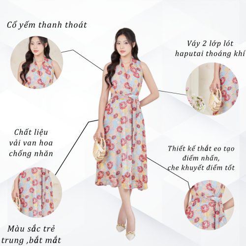 Floral Pattern Halter Neck Flared Midi Dress_VD24-172_Vilya Brand_ชุดเดรสทำงานลายดอกไม้พร้อมคอปกบานและเข็มขัด