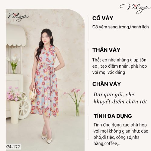 Floral Pattern Halter Neck Flared Midi Dress_VD24-172_Vilya Brand_ชุดเดรสทำงานลายดอกไม้พร้อมคอปกบานและเข็มขัด