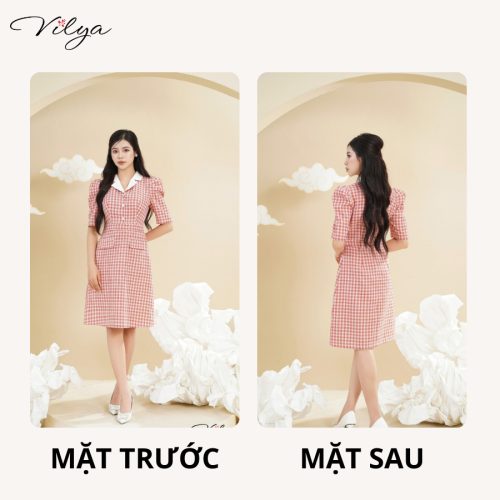 Striped Half Sleeve Midi Dress_VD24-157_Vilya Brand_ชุดเดรสทำงานลายตารางหมากรุกสีแดง ปกคอปกสีขาว และแขนเสื้อหลวม